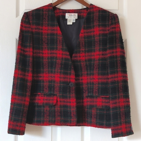 Talbots 80's Vintage Preppy Plaid Wool Blend Tweed Collarless Blazer Jacket 4P - Picture 1 of 11
